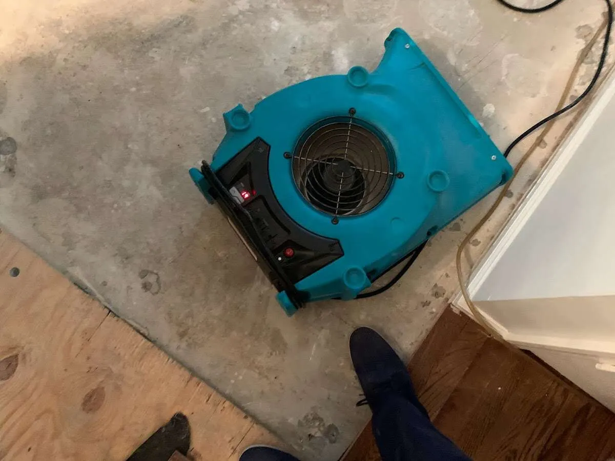 Air mover drying subfloor during Leak Detection & Repair in Ilchester